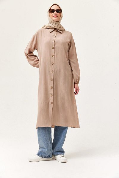 CALİENTE Linen Buttoned Long Hijab Tunic Beige