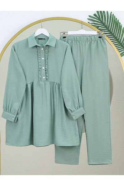 Modamorfo Ruffled Front Half Button Linen Suit - Water Green