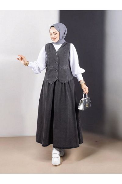 Modamorfo V-Neck Vest and Skirt Denim Suit - Smoked