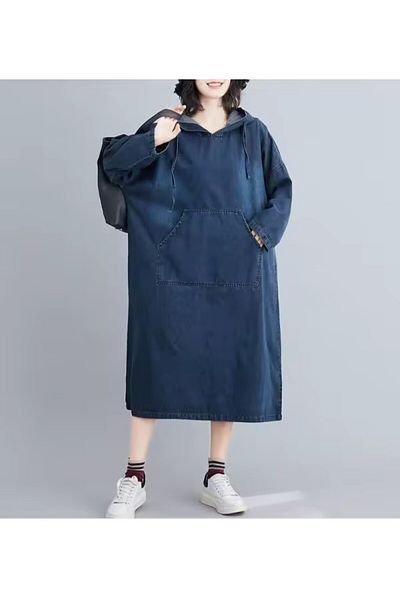 ARDSU Denim Capison. Long Sleeve. Long Maternity Dress with Kangaroo Pocket