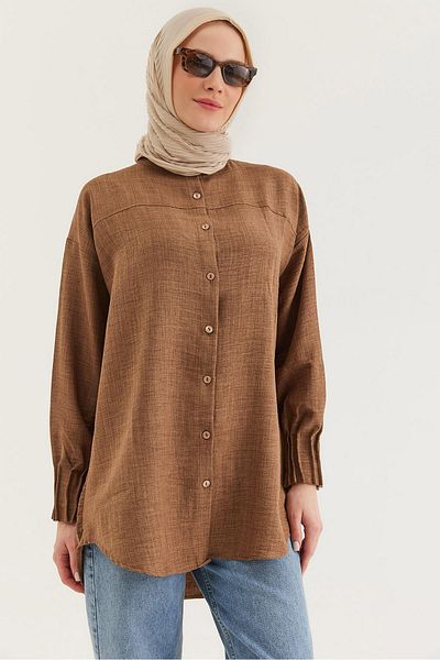 CALİENTE Linen Fabric Sleeve Ribbed Detailed Shirt Tunic Mink