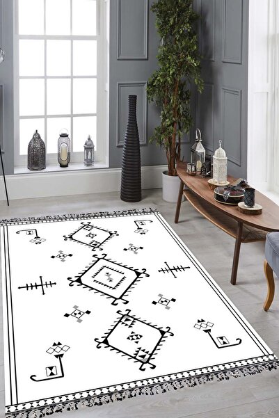 CENTER AVM Beyaz Siyah Halı Salon Halısı Makinede Yıkanabilir Halı Kaymaz Tab...