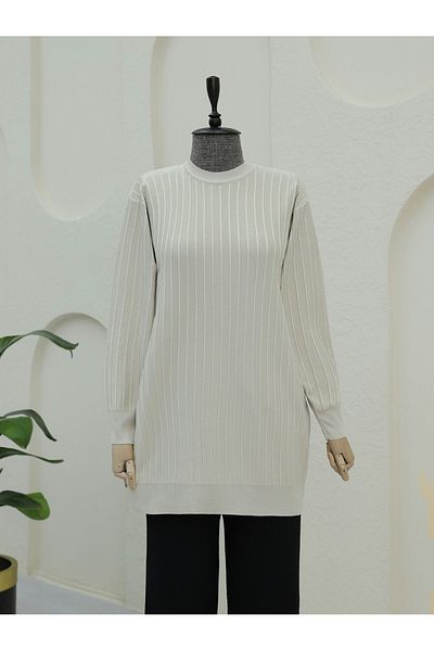 Modamorfo Round Neck Knitwear Tunic - Thin Striped Stone Color