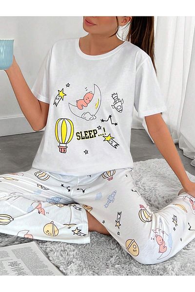 VG BOND MODA Combed Cotton Print Detailed Short Sleeve Women's Double Pajamas Set Vg135