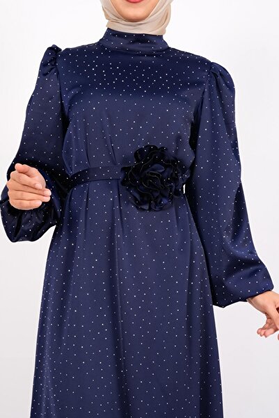Modamorfo Balloon Sleeve Belted Stone Satin Dress - Navy