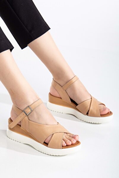 Women's Genuine Leather Ankle Tied High Sole Sandals - Nude