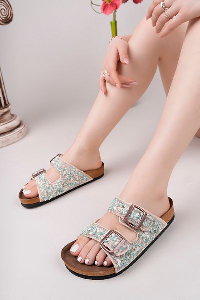 Nexs Women's Natural Stone Turquoise Green Double Buckle Sea Stone Stylish Comfortable Slippers - Not to Wear with Water