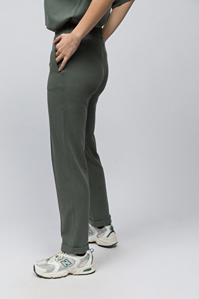 Dexia Huesca - Front Rib Detailed Pique Modal Fabric Slim Fit Carrot Cut Trousers - Khaki Color