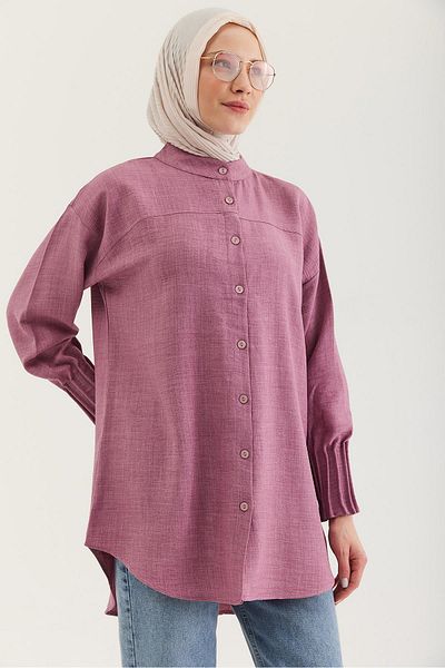CALİENTE Linen Fabric Sleeve Ribbed Detailed Shirt Tunic Dusty Rose