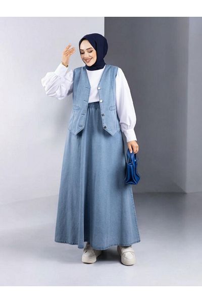Modamorfo Set de blugi cu decolteu în V albastru gheață cu vestă și fustă