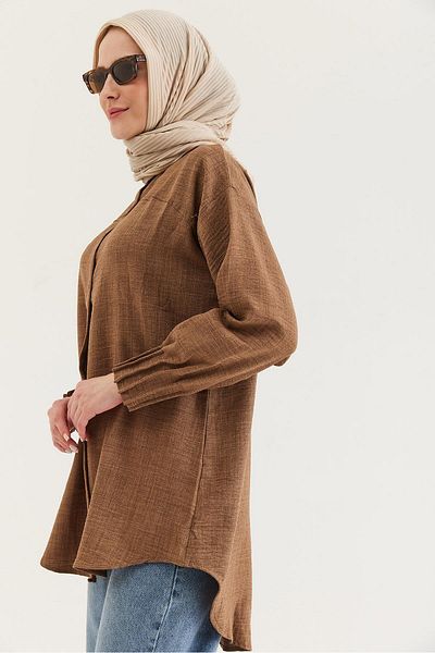 CALİENTE Linen Fabric Sleeve Ribbed Detailed Shirt Tunic Mink