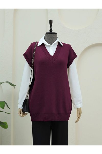 Modamorfo V-Neck Oversize Knitwear Sweater - Burgundy