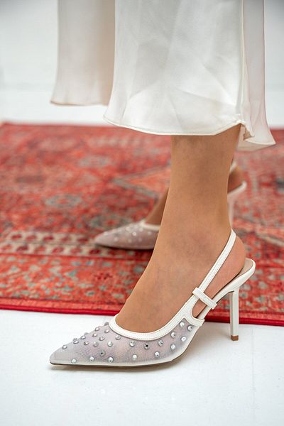 LAMİNTA Pantofi cu toc de damă Sensu White Mesh Stone brodat