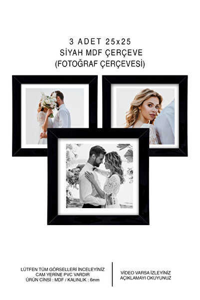 yhfoto 3 Adet 25x25 Çerçeve - Siyah Çerçeve - Mdf Fotoğraf Çerçeve