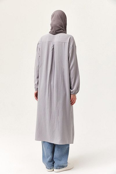 CALİENTE Linen Buttoned Long Hijab Tunic Gray