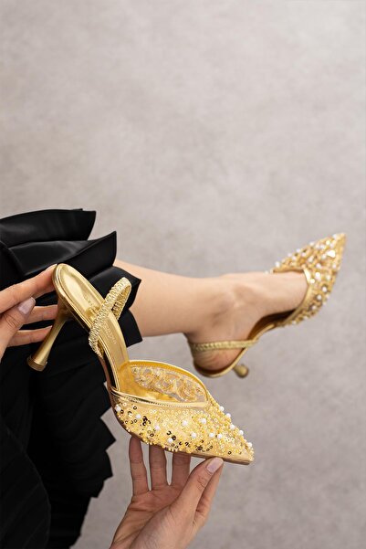 MissPapatya ALLRY Pantofi de seară cu toc subțire, cu toc subțire, cu detalii de piatră, aurii