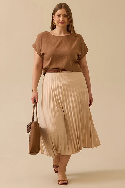 Gala-Xi Galaxi Women High Insect Taki Beige Pleated Midi Skirt 4003 Large Size
