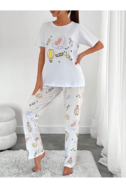 VG BOND MODA Combed Cotton Print Detailed Short Sleeve Women's Double Pajamas Set Vg135