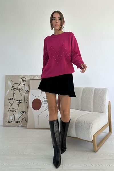 modaserdem Fuchsia Zigzag Beaded Knitwear Sweater