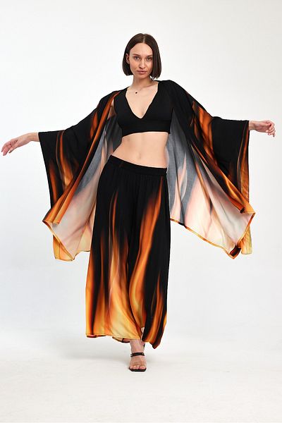 Denismoda Women's Special Design Pocket Flame Patterned Bottom and Top Set