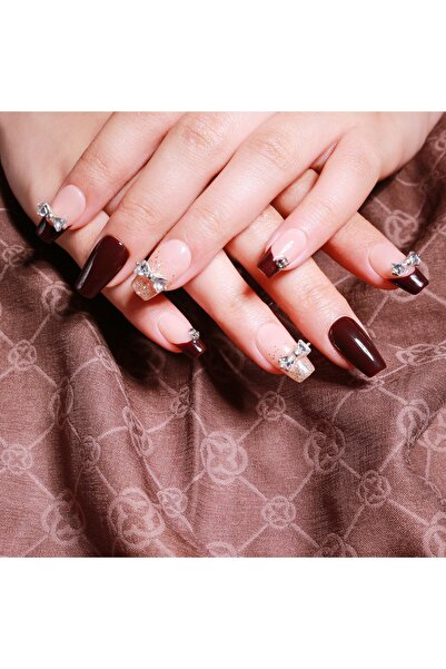 wow kutu D02 M Beden Bordo Nude Simli Ombre Taşlı Protez Jel Takma Tırnak Ve Aksesuarlar