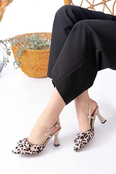 Weynes Women's Cream Leopard Bow Detailed 7 cm Heeled Shoes Wsb3018
