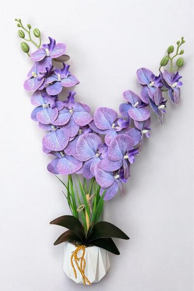 YAPAY ÇİÇEKÇİNİZ Beyaz Renkli Beton Saksıda 2 Dallı Islak Dokulu Yüksek Kalit...