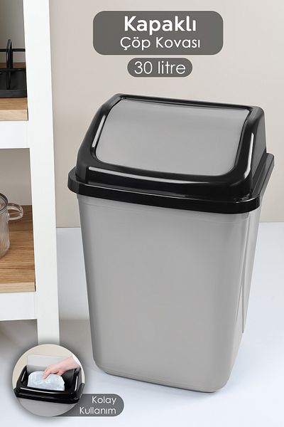 Meleni Home Coș de gunoi din plastic cu capac - Coș de gunoi pentru birou, baie, bucătărie, gri 30 litri
