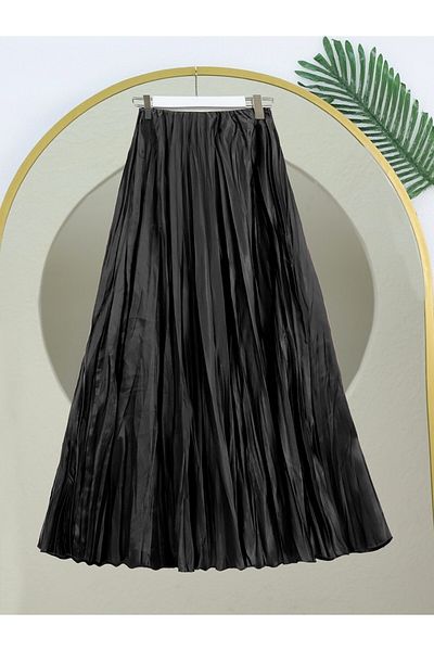 Modamorfo Satin Satin Skirt with Elastic Waist - Black