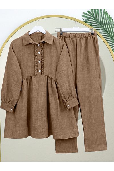 Modamorfo Ruffled Front Half Button Linen Suit - Brown