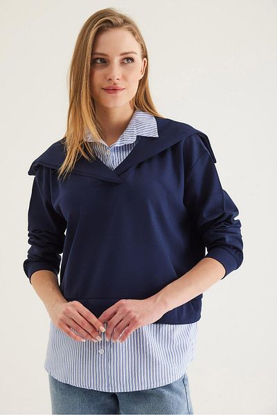 CALİENTE Modal Fabric Shirt Garnished Tunic Navy Blue