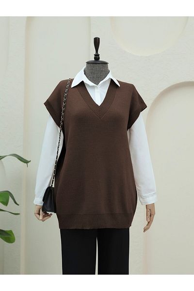 Modamorfo V-Neck Oversize Knitwear Sweater - Brown