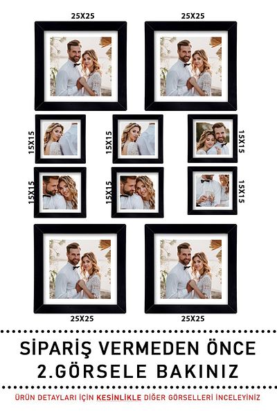yhfoto 4 Pieces 25x25 - 6 Pieces 15x15 Cm - Black Multi Frame Wooden MDF Photo Frame with PVC