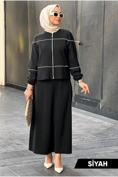 NİHALE New Season Zippered Stripe Detailed Blouse Elastic Waist Skirt Bottom-Top Set