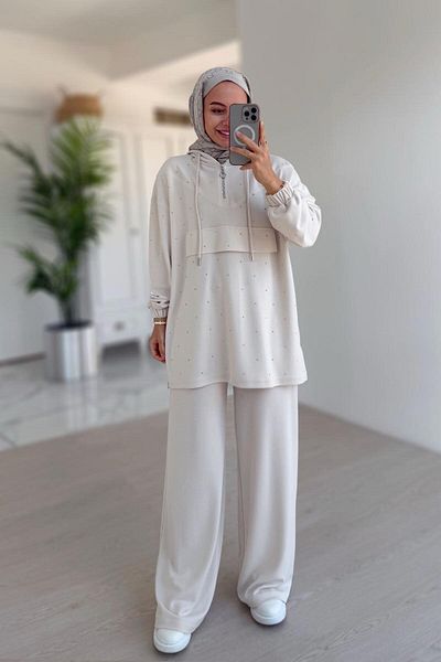 Ka Hijab Διπλό Σετ Oysh Fabric με Πέτρες στο Μπροστινό μέρος - Εκρού