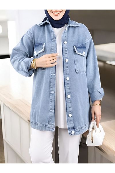 Modamorfo Jachetă din denim cu buzunare cu clapetă - Ice Blue