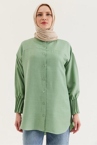 CALİENTE Linen Fabric Sleeve Ribbed Detailed Shirt Tunic Green