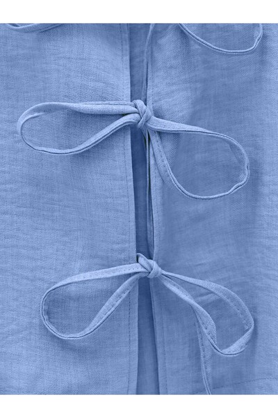 Modamorfo Linen Suit with Lace-Up Front and Elastic Waist Skirt - Light Blue