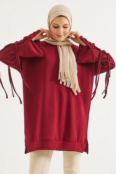 CALİENTE Tunic with Lace Sleeves Claret Red