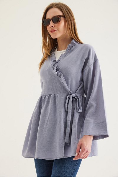 CALİENTE Side Tie Kimono with Ruffled Collar Gray
