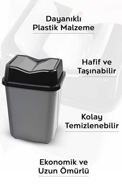 Meleni Home 20 Litre Çift Kapaklı Plastik Çöp Kovası - Ev Ofis Banyo Mutfak Çöp Kovası Gri