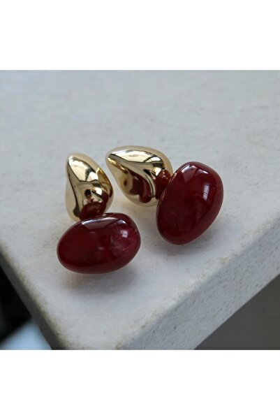 vina's atelier Bordo Doğal Taş Çelik Küpe