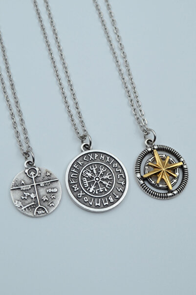 Bu Farklı 3'lü Şaman Davulu - Kam Davulu Viking Pusula Tılsım Gümüş Kaplama K...