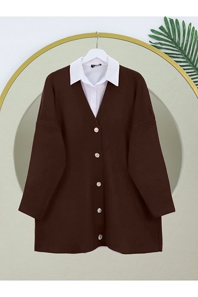Modamorfo V-Neck Buttoned Oversize Knitwear Cardigan - Brown
