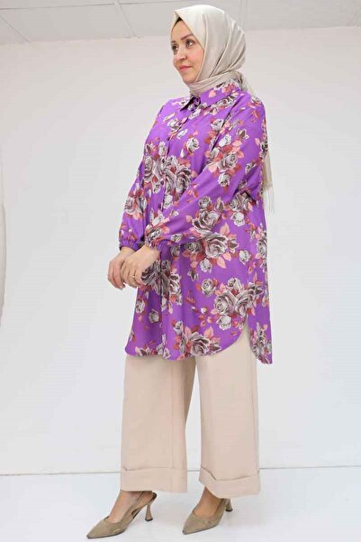 Eslina 58052 Ανδρικό πουκάμισο Jesica με μεγάλο γιακά - Μωβ με μοτίβο τριαντάφυλλου