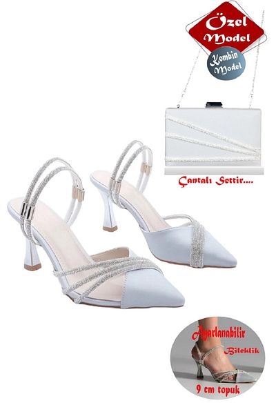 GUİZA Stone Trimmed Adjustable Ankle Detailed Closed Toe Women's Evening Dress Shoes and Bag Combination Set