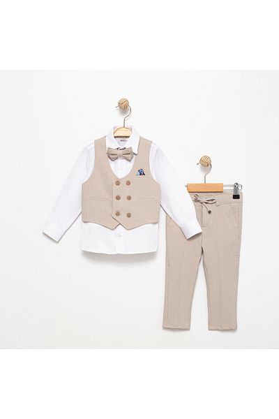 Terry Men's Suit with Self Striped Vest / Vest Suit with Bow Tie / Shirt-Vest-Pants Suit