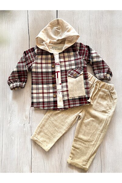 Cattac Kids Ekose Desen Keten Kapşonlu 3’li Erkek Çocuk Takım