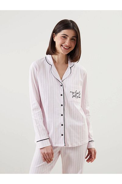 LC Waikiki Set de pijamale LCW DREAM Ecru cu guler de cămașă brodat pentru femei