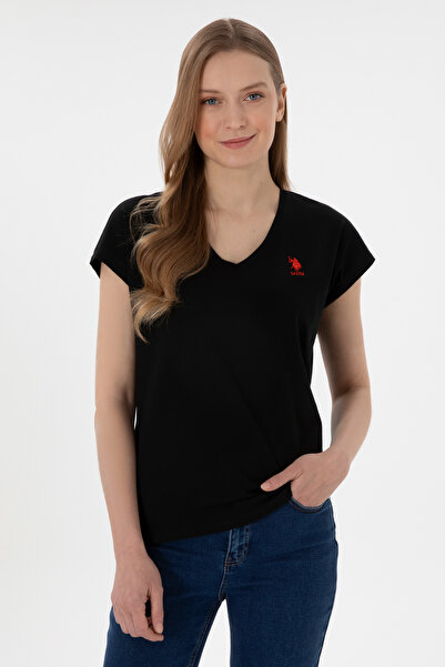 U.S. Polo Assn. Tricou de bază negru cu decolteu în V pentru femei 50305825-V...